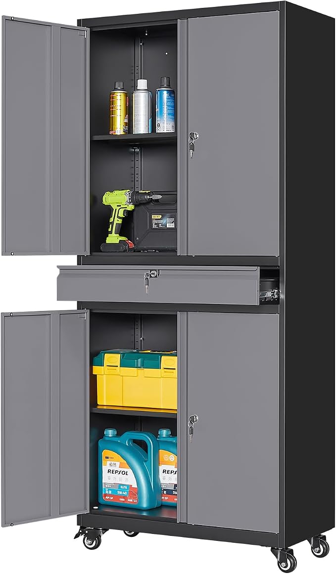 Metal Garage Storage Cabinet with Locking Doors and Adjustable Shelves, -73" Steel Rolling Tool Storage Cabinet with 4 Wheels and 1 Drawer for Garage,Office,Warehouse