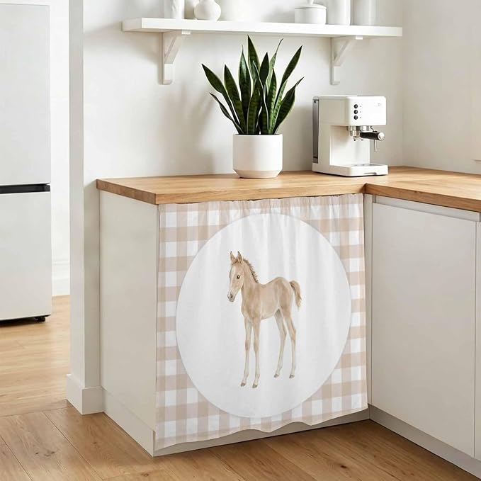 Graceful Pony Cabinet Dishwasher Hidden Curtains, Privacy Closet Door Curtain, Natural Horse Modern Farmhouse Plaid Rustic Adhesive Dust Proof Under Sink Skirt for Bathroom Kitchen 35"x35"