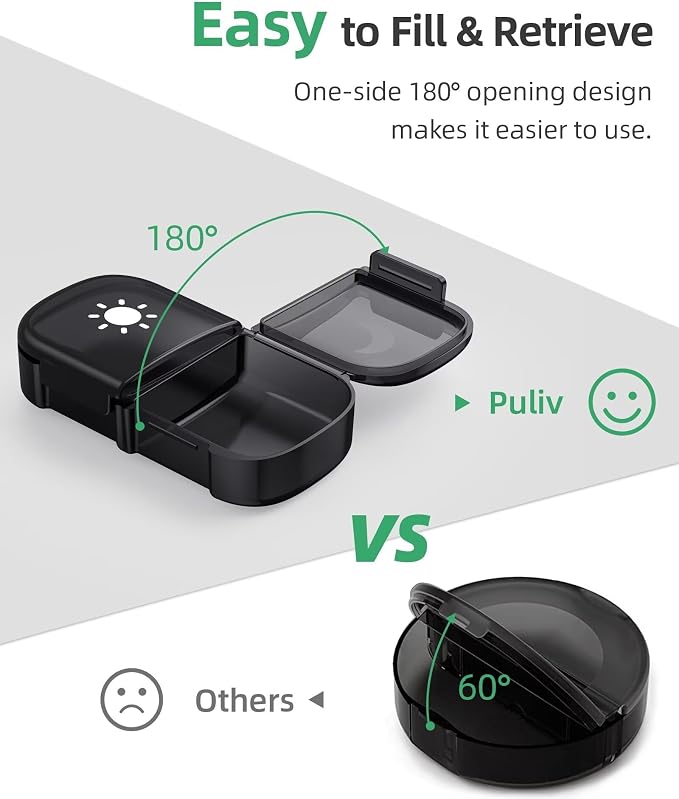 PULIV Weekly Pill Organizer 2 Times a Day, One-Side Opening for Easy to Use | Travel Pill Case for Vitamins, Medication, Supplements, Fish Oils, AM PM Pill Box, Black Privacy Protection