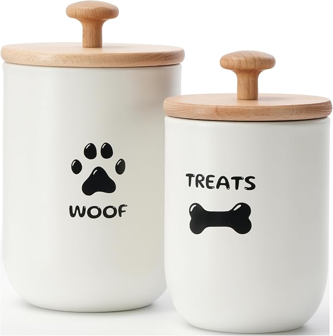 Dog Treat Container Set of 2, Dog treat jar with Airtight Lid, Small dog food container, Dog Cookie Jar for kitchen Counter, Treats Canister, Pet Treat Container 8.3x4.9 & 7.1x4.3 (White)