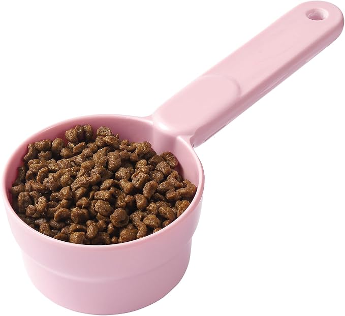 Joyinjojo Dog Cat Food Scoop - Pet Food Scoop Dog Food Measuring Cup 1/2 1/4 Cup, Comfortable Long Handle for Easy to Scoop Food, Soft Pink 1/2 Cup