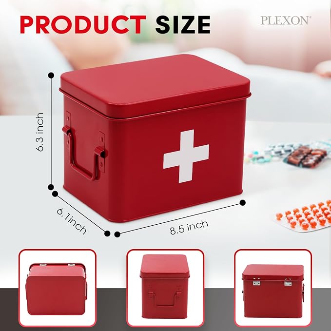 Plexon 8.5" Metal First Aid Box Empty, Medicine Storage Bin with Lid, Emergency Supplies Organizer, Portable First Aid Kit Case, Red