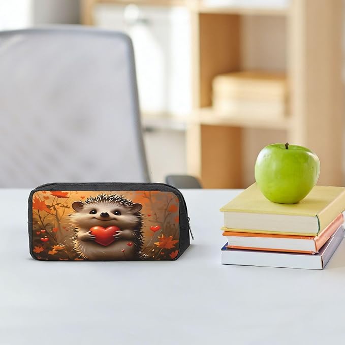 Hedgehog Heart Autumn Large Pencil Case, Durable Pen Bag Zipper Organizer Pouch for Office Travel for Women Men
