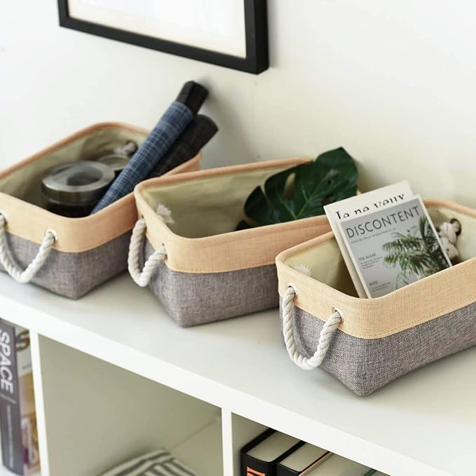 Storage Bins for Organizing,Sturdy Storage Basket, Decorative Foldable Storage Baskets for Shelves Closet Toy (Gold&Grey Medium - 3 Pack 13.8L×9.8W×6.7H inch)