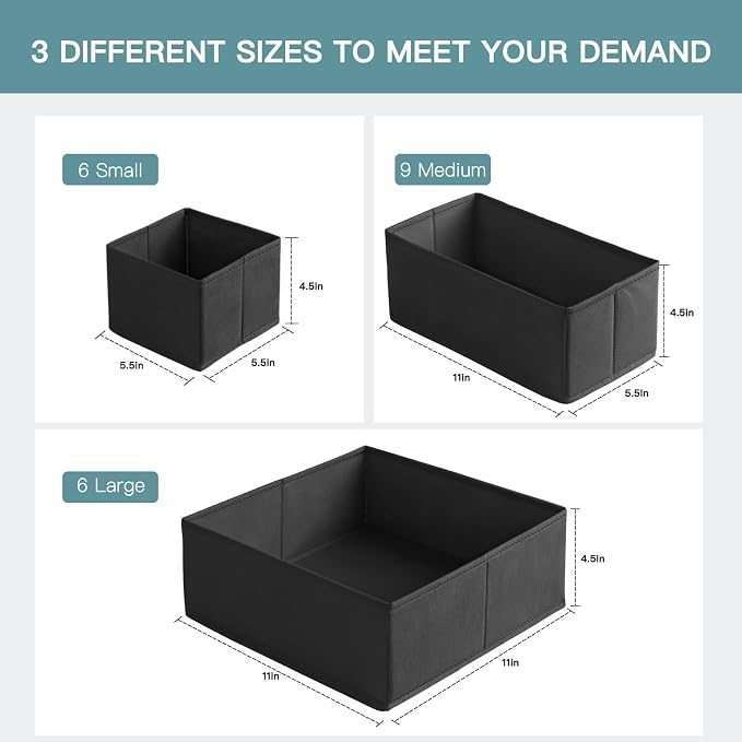Drawer Organizer Clothes, 21 Pack Dresser Organizer for Baby Clothes, Underwear, Sock - Foldable Closet Organization and Storage Dividers Bins for Nursery, Bedroom (Black)