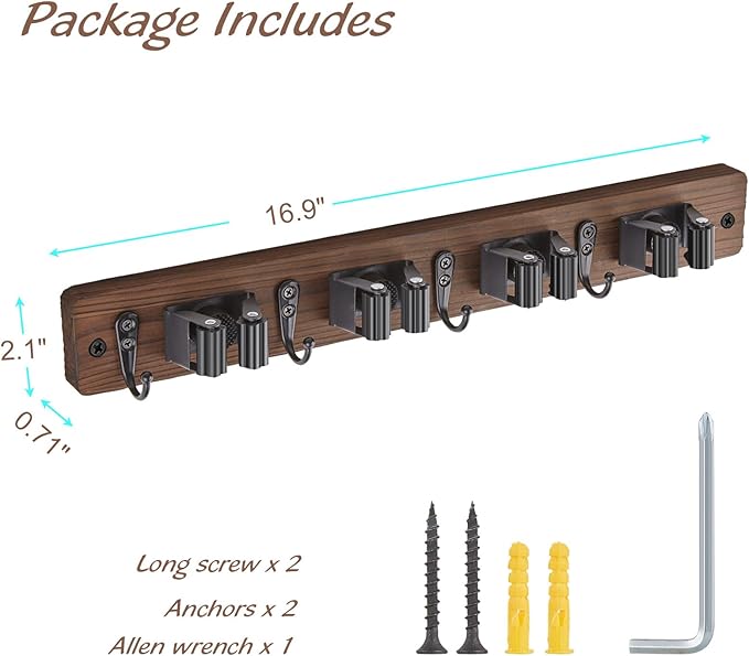 OUTNILI 2 Pack Mop Broom Holder Wall Mount - Wood Broom Mop Hanger - Wall Mounted Garden Tool Rack Organizer for Closet Garage Laundry Room Farmhouse Rustic Kitchen Decor With 4 Slots & 4 Hooks