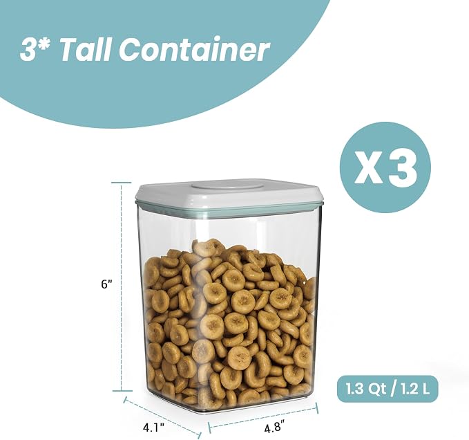 3 PACK Dog Treat Container Airtight POP Container with Lids, 1.3 Qt x 3, Food Grade, Clear, Dog Treat Jar Food Canister Set for Dog Food, Snack, Cookie