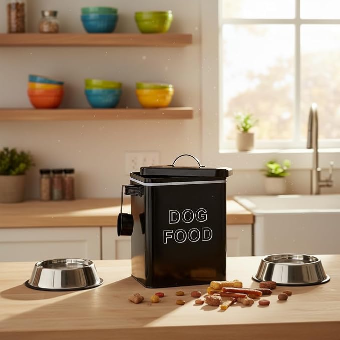 Morezi Metal Dog Food Storage Container Airtight Pet Food Treat Bin 6 lbs | Vintage Durable Canister Dog Treats Tin with Lid& Scoop for Kitchen Countertop, Shelf, Great Gift for Pet Owners(Black)