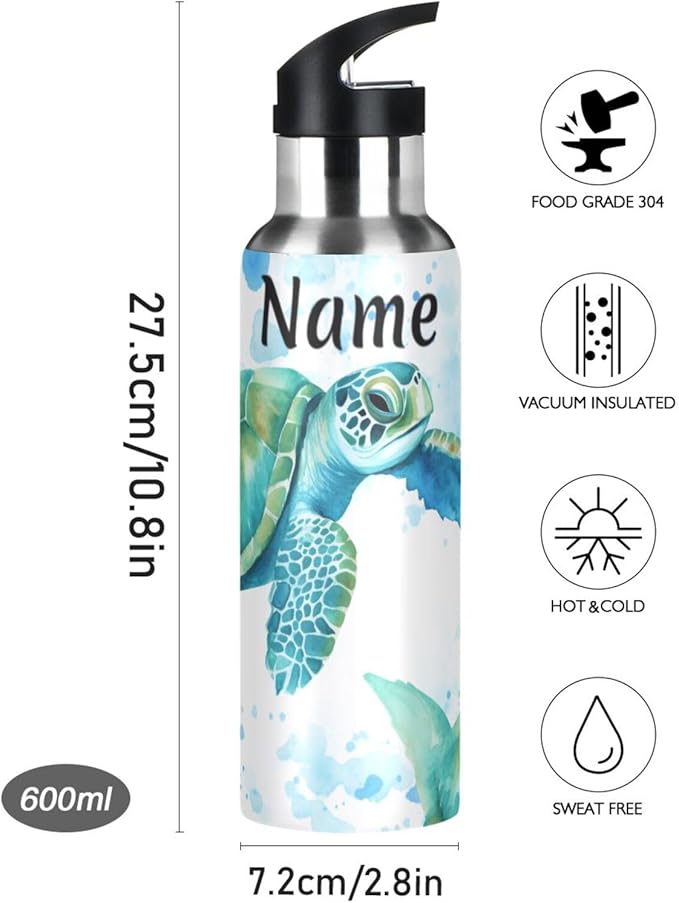 Custom Name Sea Turtles Teal Water Bottle with Straw Lid Kids Insulated Stainless Steel Water Flask Sports, 20 Oz Hot Cold