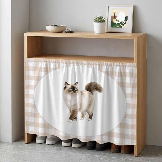 Ragdoll Cat Cabinet Dishwasher Hidden Curtains, Privacy Closet Door Curtain, Modern Linen Plaid Farmhouse Pet Cats Adhesive Dust Proof Under Sink Skirt for Bathroom Kitchen 35"x35"
