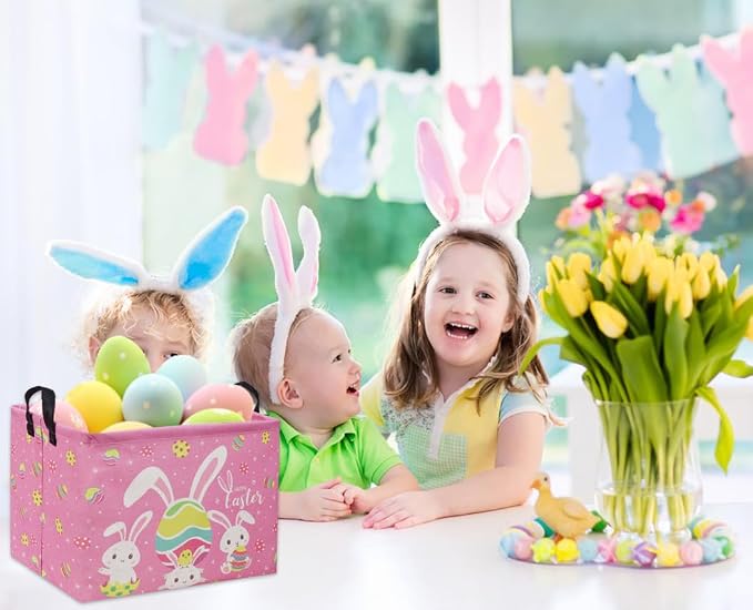 Rectangular Easter Baskets Gift Basket Empty Pink Bunny Kids Storage Bin Baby Boy Basket Kids Toy Storage Bin Organizer Box Easter Room Decor for Home(Pink Easter)