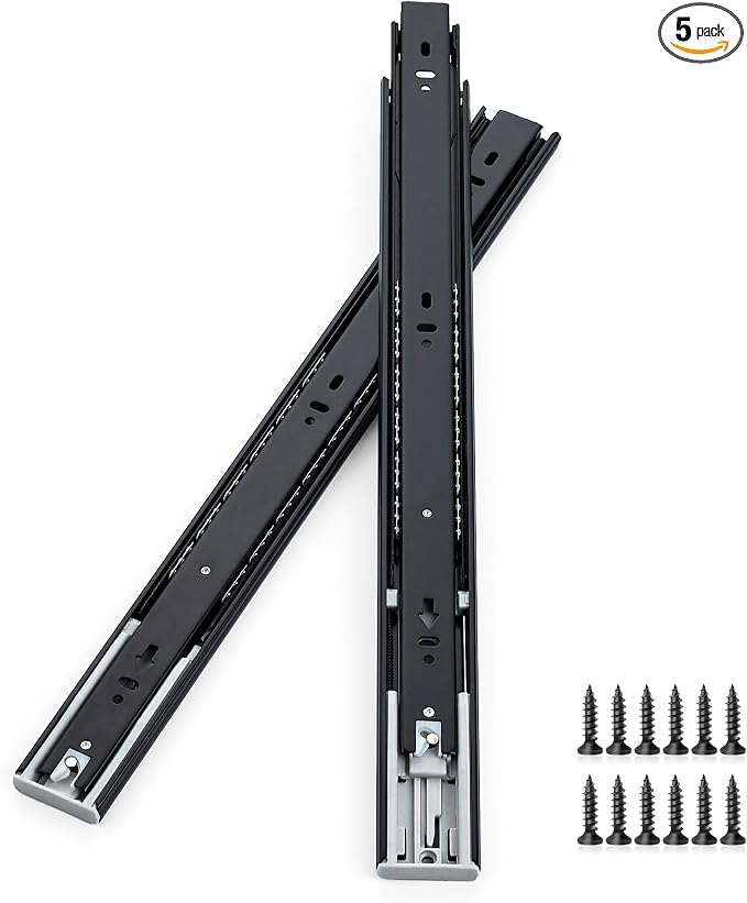 18 Inch Full Extension Drawer Slides, Heavy Duty Side Mount, 5 Pairs, Black | Soft Close Drawer Slides, Steel Ball Bearing Design, 5 Pair/10 Slides, Screws Included, Cabinet, Dresser and Toolbox Use