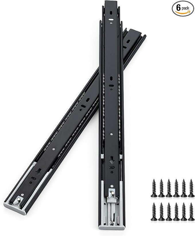 18 Inch Full Extension Drawer Slides, Heavy Duty Side Mount, 6 Pairs, Black | Soft Close Drawer Slides, Steel Ball Bearing Design, 6 Pair/12 Slides, Screws Included, Cabinet, Dresser and Toolbox Use