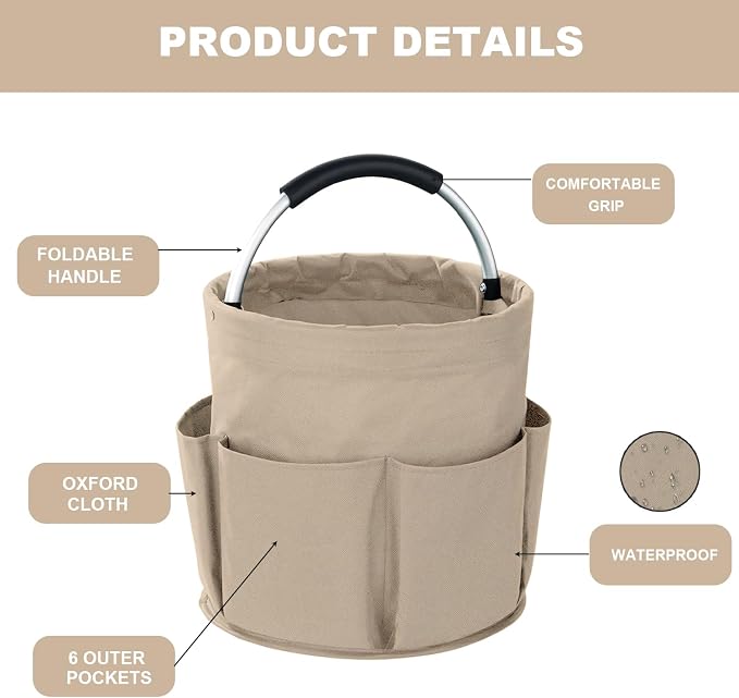 Cleaning Caddy with Handle, 17L Foldable Cleaning Supplies Organizer, Portable Storage Basket, Cleaning Supply Caddy, Multifunctional Cleaning Bucket Bag for Garden, Home, Kitchen (Khaki)