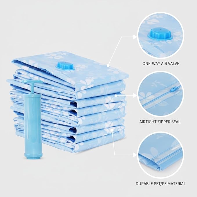 Vacuum Storage Bags, Reusable PET/PE Compression Sacks for Bedding and Clothes, Blue (1 PC)