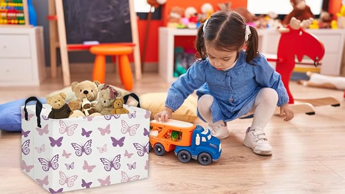 Essme Rectangular Butterfly Baskets,Kids Storage Basket with Handles for Girls Room Decor, Girls Storage Bin（Purple Butterfly）