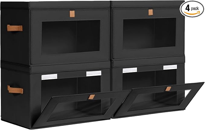 Collapsible Storage Bins - Large Stackable Organizer Bins, Decorative Boxes with Handles & Window, Fabric Containers for Living Room, Closet, Dorm, 4 Pack, Black
