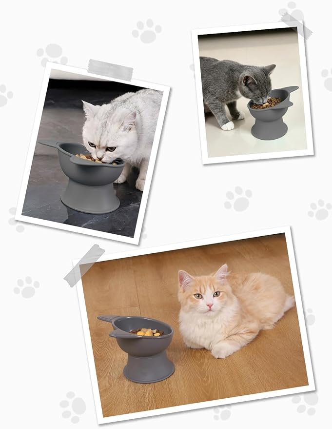 YINEYA Cat Bowls, Cat Food Bowl Elevated to Protect Neck & Anti-Vomit, Whisker-Friendly Raised Food & Water Bowls for Indoor Cats/Small Dogs, Cute Pet Feeding Bowl 6 OZ Each, Dishwasher Safe, Gray