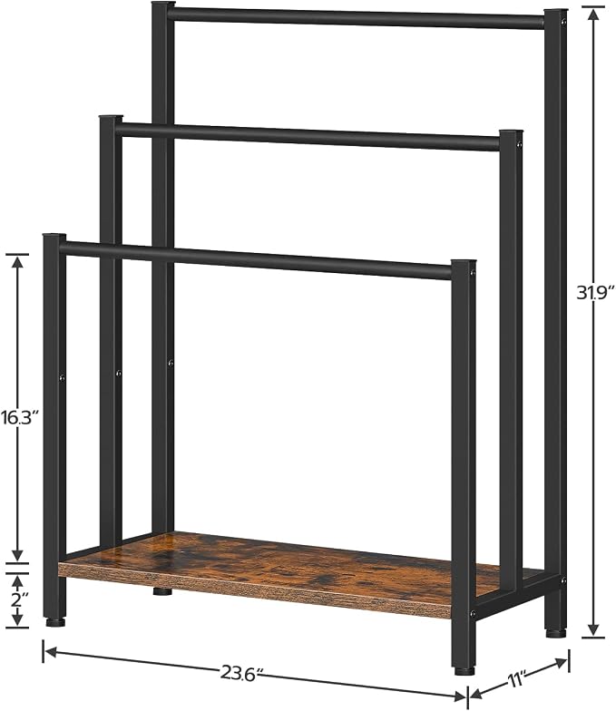 HOOBRO Free Standing Towel Rack, 3 Tier Blanket Rack, Blanket Holder for Bathroom, 23.6" L x 11" W x 31.9" H, Industrial Metal Drying and Display Rack with Shelf, Rustic Brown and Black BF06LB01