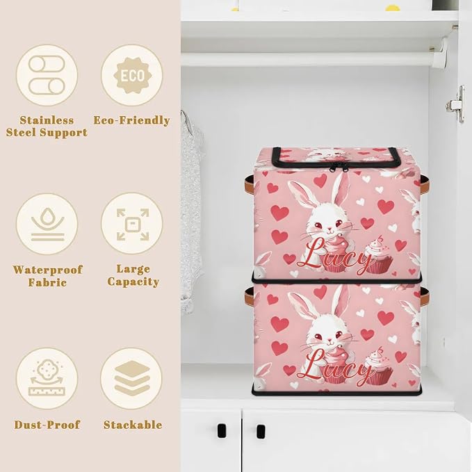 Custom Cute Rabbits Storage-Bin With Zipper Lid for Kids-Girls-Boys-Baby-Pet,Personalized Name Foldable Storage Box with Handle,Baby Basket With Label for Bedroom Nursery Toy Clothes,Pink