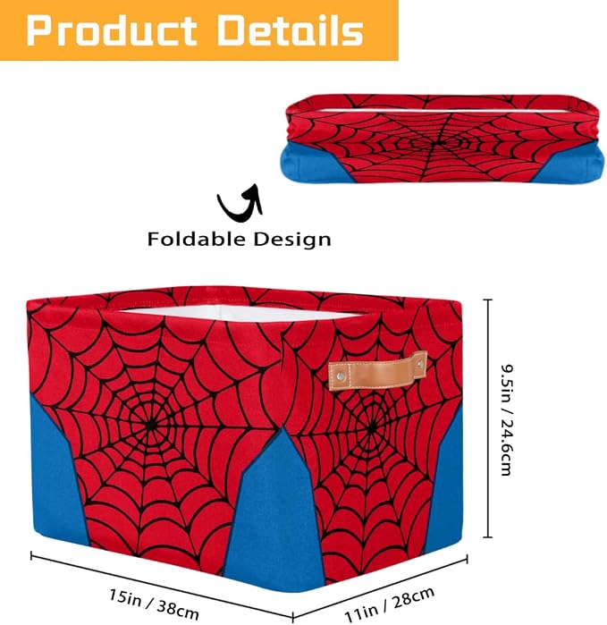 Rectangle Storage Basket with Handles, Cube Organizer Bins for Shelves Collapsible Toys Storage Box Clothes Baskets for Nursery Home Kids Room(Spider Web)