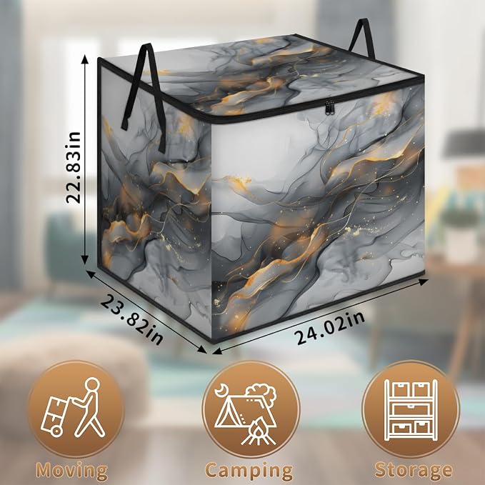 Gold Black Marble Large Storage Bags, Fabric Bed Storage Containers, Foldable Closet Organizers for Blanket, Clothing, Comforter, Bedding, Black Grey Modern Abstract