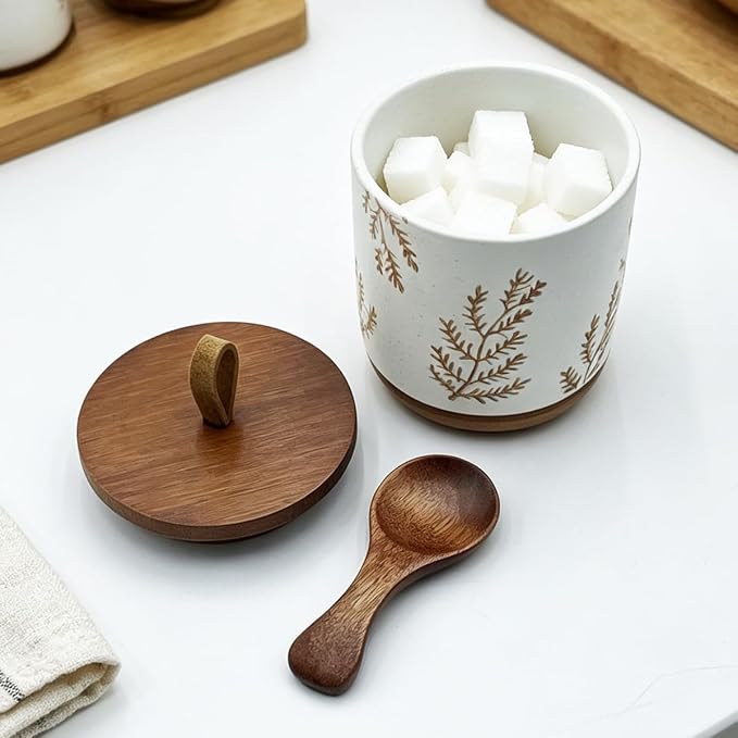 10oz Ceramic Airtight Food Storage Container with Wooden Spoon for Sugar,Matcha,Salt,Coffee,Spices,Cat Treat,Loose Leaf Tea(White Botanical Fern Pattern)