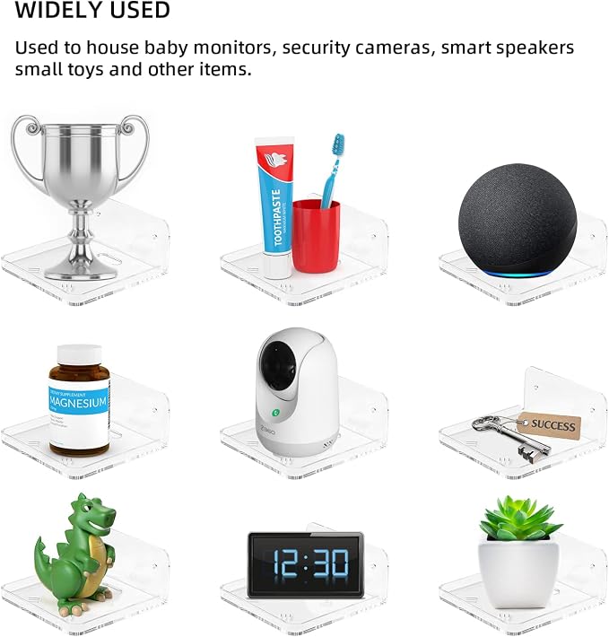 Wall Mount Floating Shelves for 2 Pcs Camera Mini Speaker Shelf Baby Monitor - Clear Mini Shelf Flexible Use for Wall Space in Bedroom Bathroom Kitchen Living Room