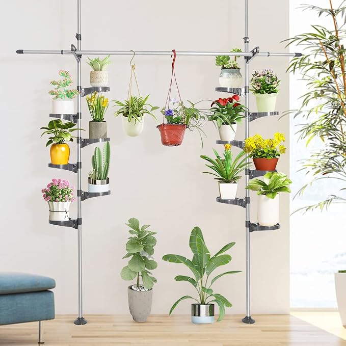 Plant Stand Floor to Ceiling-12 Trays Flower Pot Holder Tension Rod Grey | Indoor Telescopic Display Rack with 2 Hooks & Drying Rod | Adjustable Storage Organizer for Home Garden Decor | BAOYOUNI