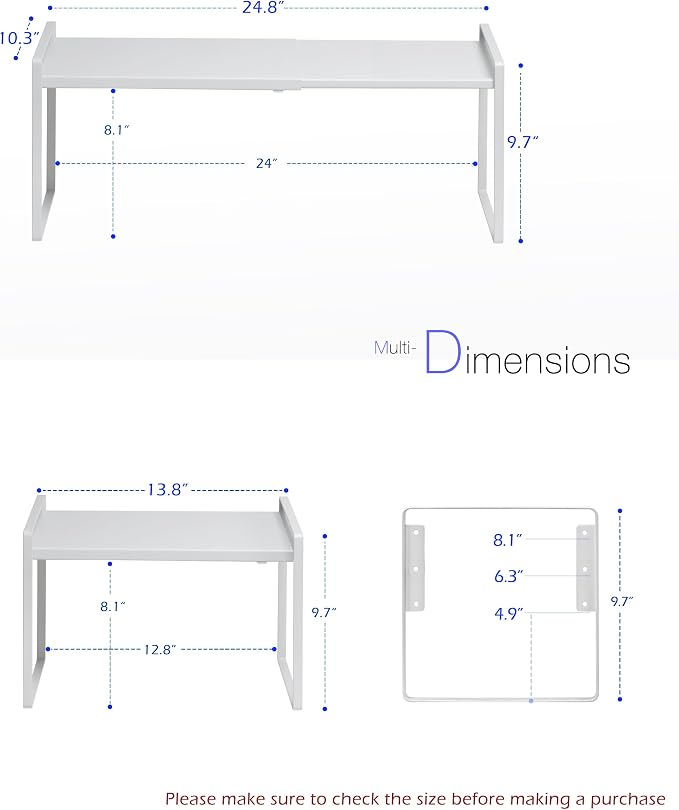 Nxconsu Cabinet Shelf Riser, Adjustable Cabinet Organizer, 10.3" Deep White | Heavy-Duty Metal Expandable Shelf Holds 50 lb with 3 Height Levels for Kitchen Cabinet Cupboard Pantry Dish Mug
