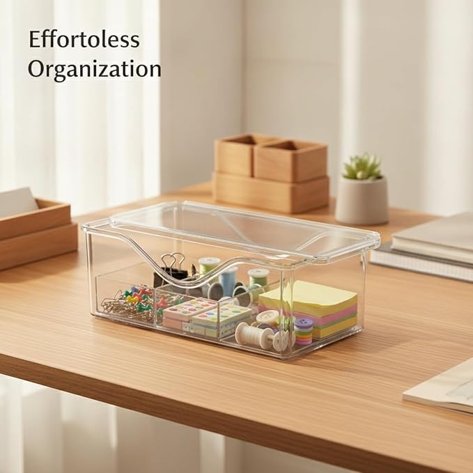 Divided Storage Box with Lid, PET Plastic Organizer for Desktop Drawers, Clear Compartments for Office Supplies Craft Jewelry (1 PC)