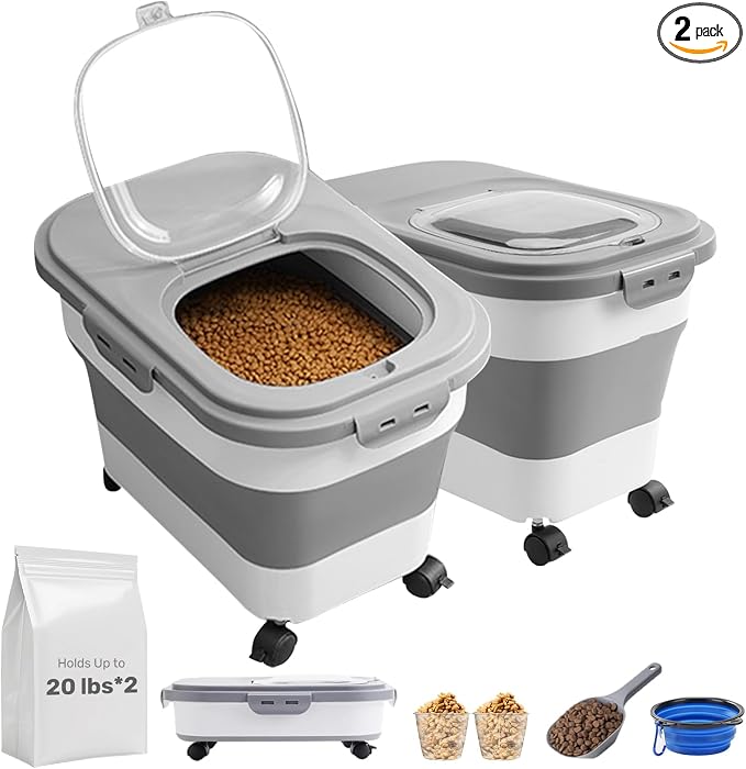 SEWIU Dog Food Storage Container Up to 2pack*20LB,Collapsible Dog Food Container with Travel Silicone Bowl and Scoop for Dog/Cat/Bird Food/Cat litter,Keep Dry Food Fresh,Easy to Move.
