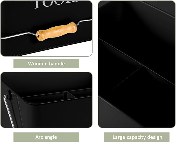 Garden Tool Organizer - Metal Caddy With 3 Compartments, Portable Basket With Handle, Kit Holder Empty, Storage for Indoor and Outdoor Use - Black