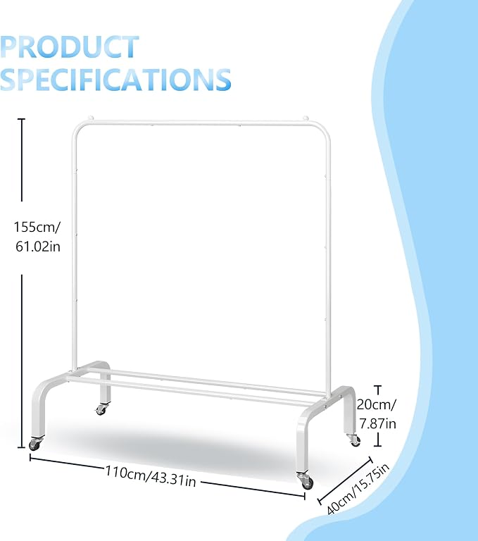 Metal Clothing Rack with Wheels, 43.3 Inches Rolling Clothes Garment Coat Rack with Bottom Shelf, Clothing Rack for Hanging Clothes, Coats, Skirts, Shirts, Sweaters, White