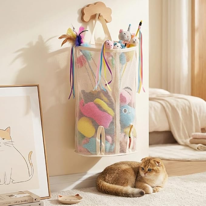 Cat Toy Organizer – Storage Holder for Cat Teaser Toys, Compact Stand for Keeping Pet Toys Neat and Tidy (2-Compartment)