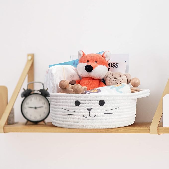 Small Woven Rope Cat Toy Basket with Cat Face Design, White | 9.8" x 4" Cute Toy Storage Bin for Living Room & Nursery, Pet Gift Basket Empty with Sturdy Handles