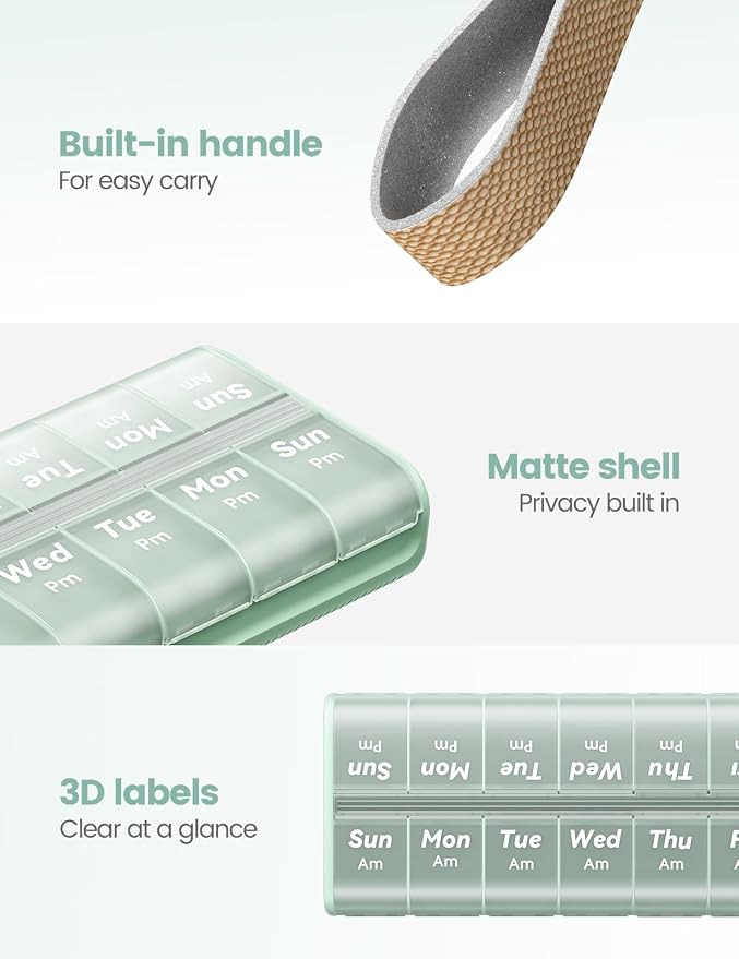 Pill Organizer 2 Times a Day, Built-in Desiccant | 7 Day AM PM Weekly Pill Box, Easy-Open, Portable Carry Handle, BPA-Free, Matte Privacy Case for Supplements and Vitamins