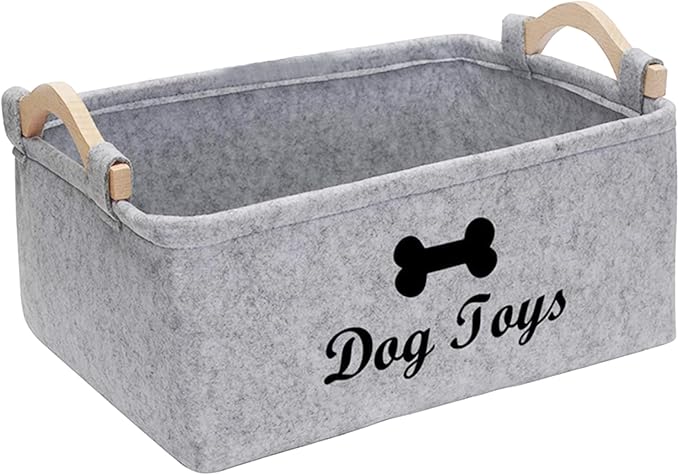 Puppy Toy Storage Box, Grey Puppy Toy Box Storage Basket, 15 x 11 x 7 inch Large Dog Toy Basket for Organizing Pet Toys, Blankets, Leashes