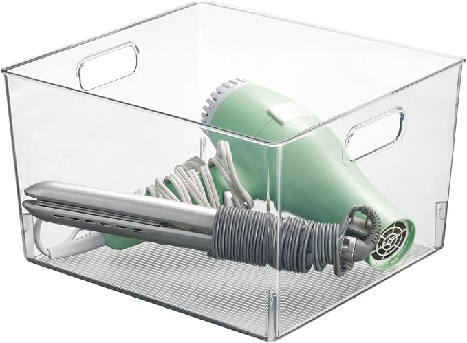 mDesign Large Modern Stackable Plastic Storage Organizer Bin Basket with Handles for Bathroom Vanity Organization - Shelf, Cubby, Cabinet, or Closet Organizing Decor - Ligne Collection - 4 Pack, Clear