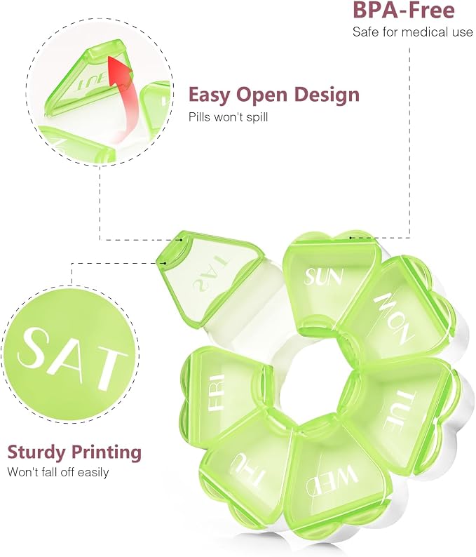 MOLN HYMY Large Weekly Pill Box 7 Day, Cute Pill Case Organizer 1 time a Day, Floral Pill Container Once Daily, Pretty Medicine Dispenser for Vitamin/Fish Oil/Medication/Supplements (Green)