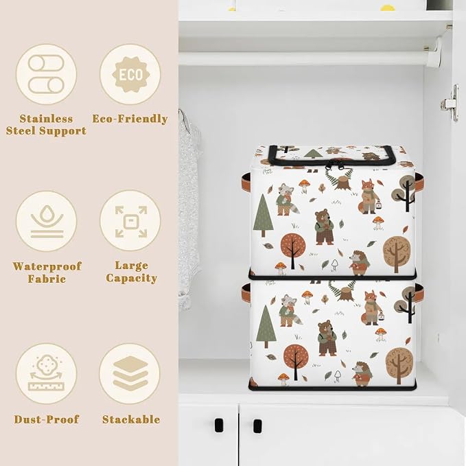 Wolf Bear Hedgehog Storage Baskets - Cute Animal Plants Bin Collapsible Organizer Cube with Zipper Lid, Mushroom Leaves Tree Box with Handles for Home Bedroom Office, 24L