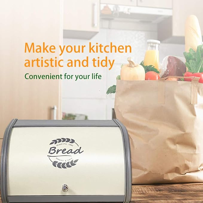 X458 Gray Bread Box Roll Top, Metal Bread Box for Kitchen Countertop, Large Space, Keeps Bakery Items Fresh Longer, Bread Bin for Kitchen Countertop, Breadbox to Store Cookies, Bagels, Muffins