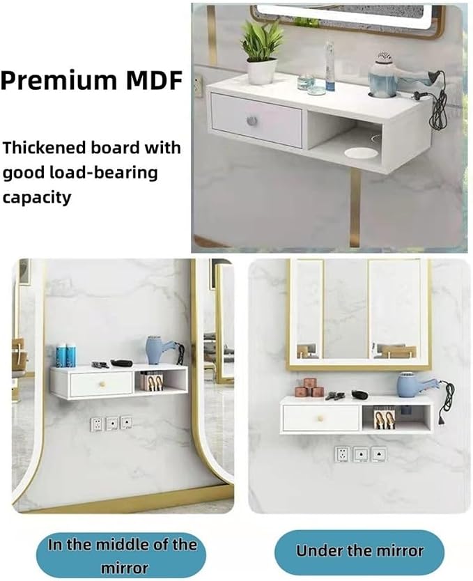 Wall Mounted Salon Station with Drawer, Beauty Salon Spa Equipment, Barber Shop Hair Styling Cabinet, 1 Hair Dryer Holders(White,23.6x10.2x5.9in)