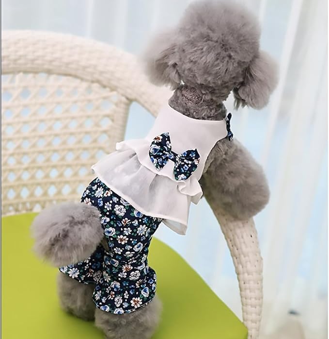 Vintage Floral Bowknot Sleeveless Romper for Small Dogs Cats Rabbits, Breathable Cotton Ruffle Flared Pants, Teacup to Small-Medium Pets for Walk Photo Vacation (Blue-Floral, X-Small)