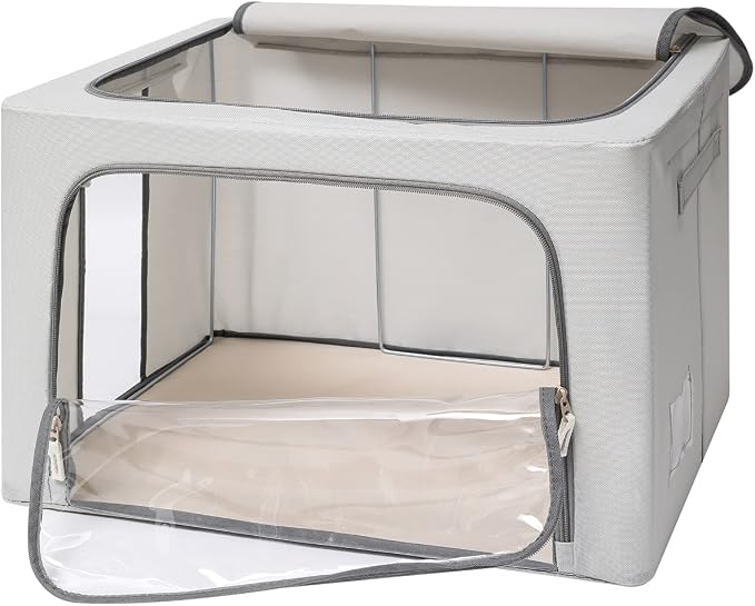 CYhom 3Pack Frame Storage Box - Clothes Storage Bin Bags Oxford Fabric Foldable Stackable Container Organizer Set with Clear Window & Carry Handles Large Capacity (Grey, Large-66L)