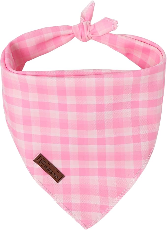 Pink Checkered Dog Bandana, Spring Summer Pink Plaid Puppy Bandana for Girl Female Dogs, Soft Cotton Pet Triangle Bid Scarf Kerchief for Girl Boy Dogs or Cats