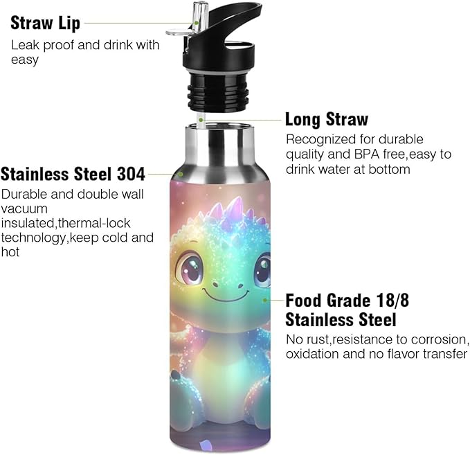Swing Dinosaur Water Bottle with Straw Lid Kids Insulated Stainless Steel Water Flask Sports, 20 Oz Hot Cold
