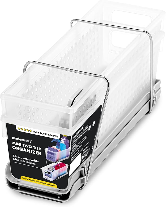 madesmart Mini 2-Tier Organizer, Multi-Purpose Slide-Out Storage with Handles and Dividers for Home and Bath, Frost | pull out bins, adjustable dividers, tiered access, cleaning supplies, under sink use, pantry bottles, woman owned
