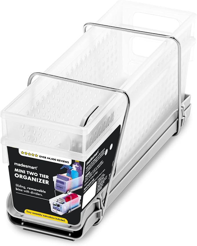 madesmart Compact Two Tier Organizer, Frost | pull out bins, adjustable dividers, tiered access, cleaning supplies, under sink use, pantry bottles, woman owned