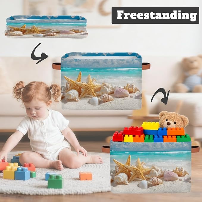 Pardick Storage Baskets Bin, Beach Ocean Starfish Seashells Collapsible Canvas Fabric Storage Bin Decorative Baskets Toy Organizer Rectangle Storage Boxes with handles for Home Shelves Nursery,Q-8